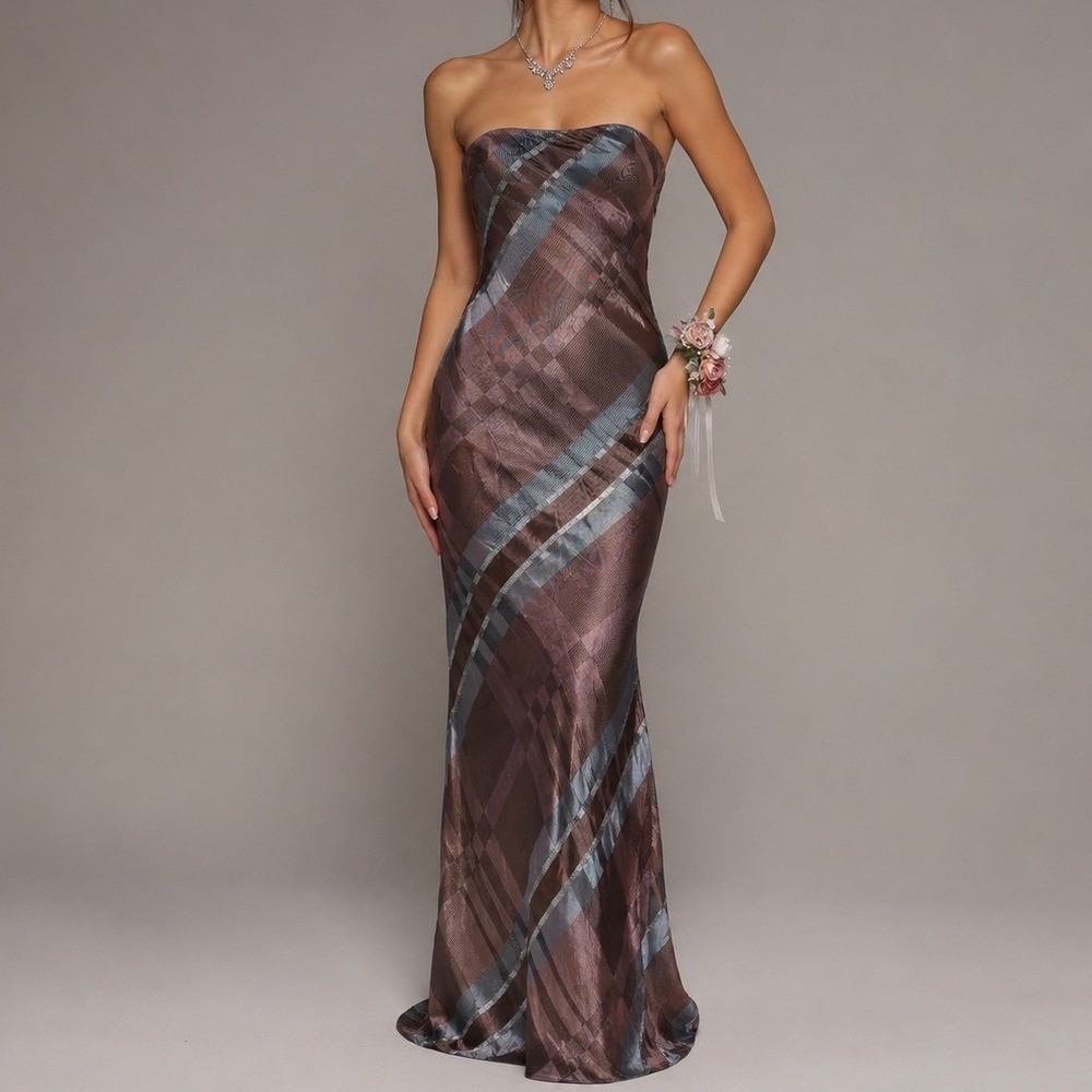 Jessica McClintock Millennium 2000 Y2K Plaid Strapless Maxi Gown Dress XS